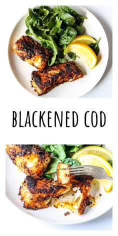 two plates with chicken, spinach and lemon wedges on them next to the words blackned god