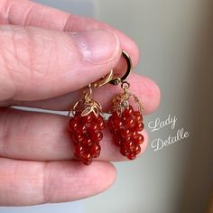 "Tiny RED Agate Grape Earrings, GEORGIAN, Pair of reproduction 18th century RED Agate grape hoop earrings, 16K gold or Silver plated GEORGIAN reproduction RED Agate earrings - grape clusters like this were very popular throughout the centuries, including early examples in the Georgian or Colonial period, and thru the Victorian era. Small clusters of red AGATE beads with your choice of gold or silver leaf design, on high quality, period appropriate loops - 16K gold plated brass OR Silver plated. Handmade Carnelian Yellow Gold Jewelry, Handmade Yellow Gold Carnelian Jewelry, Elegant Agate Earrings, Victorian Earrings With Lever Back Ear Wires As Gift, Handmade Gold Agate Earrings, Victorian Earrings With Lever Back For Gifts, Gold Agate Earrings For Jewelry Making, Elegant Handmade Agate Earrings, Elegant Amber Agate Earrings