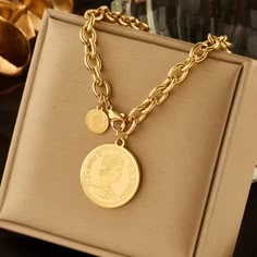 New! Round Gold Portrait Coin Necklace. 18k Gold Plating. See Description In Photos For Measurements. Portrait Necklace, Coin Pendant Necklace, Multi Layer Necklace, Mens Jewelry Necklace, Luxury Necklace, Girl Jewelry, Long Pendant Necklace, Coin Necklace, Girls Jewelry