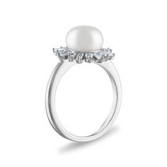 9MM Round Pearl and White Sapphire Fashion Ring in Rhodium Plated Sterling SilverShow off your fashion sense with our modern collection of fashion jewelry. Silver Platinum Jewelry With Halo Detail, Platinum Silver Jewelry With Halo Detail, Modern 14k White Gold Ring, Elegant White Gold Pearl Promise Ring, Modern Platinum Gemstone Rings, Modern White Gold Halo Ring, Sterling Silver Pearl Ring Fine Jewelry, White Pearl Ring With Polished Finish For Anniversary, Sterling Silver Pearl Ring With Polished Finish