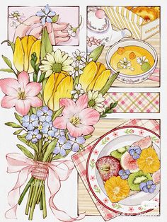 a watercolor painting of flowers and fruit on a table with plates, napkins and cups