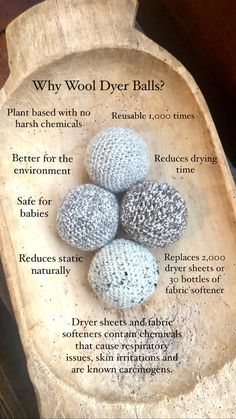 four crocheted balls in a bowl on a wooden tray with information about them