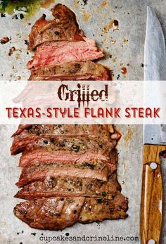 grilled texas style flank steak on a cutting board