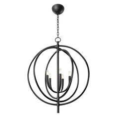 a black chandelier with four lights hanging from the center and two circular rings around it