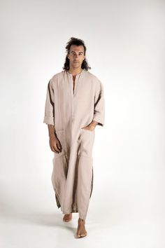 "This unique OVERSIZED men's kaftan is made of cool and light pure linen. NO BUTTONS, NO BUTTONHOLES, NO ZIPS. ZERO SHRINKAGE FITTING: The model appearing in the photo is size M and 187cm (6'3\") tall . He is featuring a S/M size SPA kaftan. S/M SIZE CHEST under armpit: (all-around) 122cm/48 inches HIPS: (all-around) 130cm/51 inches LENGTH: shoulder to hemline 150cm/59 inches L/XL SIZE CHEST under armpit: (all-around) 134cm/52.5 inches HIPS: (all-around) 142cm/56 inches LENGTH: shoulder to hemli Casual Long Sleeve Kaftan For Loungewear, Cotton Relaxed Fit Kaftan For Loungewear, Casual Cotton Kaftan For Loungewear, Casual Long Sleeve Linen Kaftan, Casual Long Beige Kaftan, Casual Summer Kurta For Loungewear, Long Sleeve Cotton Kaftan With Relaxed Fit, Casual Oversized Kaftan For Loungewear, Oversized Casual Kaftan For Loungewear