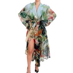 Brand: Dolce & Gabbana Size: Labeled It 44 | Us Large Type: Long Trench Coat Color: Multi-Color Tropical Motif Belted Wrap Material: 100% Silk Condition: New With Tags Made In Italy Authenticity Guaranteed Ships From Austin, Tx, Same Day If Purchased By 2 Pm Ct Elegant Multicolor Floral Print Outerwear, Elegant Multicolor Silk Outerwear, Elegant Summer Outerwear With Floral Print, Elegant Blue Floral Print Outerwear, Over Coat Women, Silk Trench Coat, Trench Coats Women Long, Dolce Gabbana Jacket, Womens Faux Fur Coat