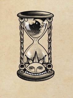 a drawing of an hourglass with the sun and moon in it's center