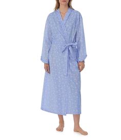 From Eileen West&#x2C; this robe features:Floral printCotton chambray fabricationShawl collar with baby rufflesLong sleevesTwo in-seam pocketsBelt tie closureApprox. 52" lengthCottonMachine wash cold/tumble dry lowImported. Fitted Robe For Home, Fitted Robe For Spring Daywear, Fitted Spring Daywear Robe, Spring Cotton Robe For Daywear, Spring Cotton Daywear Robe, Fitted Cotton Robe For Daywear, Fitted Cotton Summer Robe, Fitted Summer Cotton Robe, Eileen West