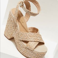 A Raffia Platform Wedge Sandal With An Adjustable Ankle Strap. Heel Height: 2.28 New,Unworn In Original Box Purple Ankle Boots, Blue Platform Shoes, Tan Platform Sandals, Nude Platform Heels, Velvet Pumps, Gladiator Heels, Platform Stilettos, Platform Espadrilles, High Shoes