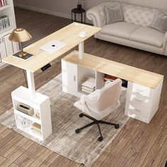 a computer desk sitting on top of a wooden floor next to a white chair and book shelf