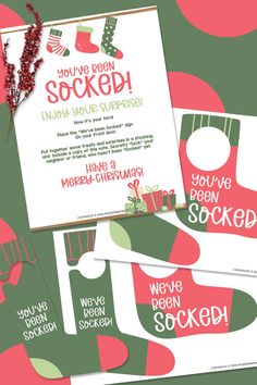 two christmas cards with the words you've been socked in red, green and pink