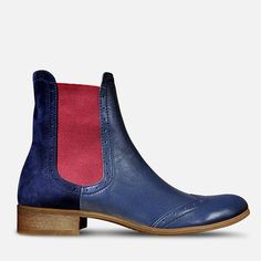 Leather; upper & lining Man-made sole 2.5 cm / 1.0" heel height Handcrafted in Europe Materials: These Chelsea boots in dark blue shades with contrasting red elastics will make a great addition to your wardrobe. For a dash of originality, the rounded-toe pair is adorned with suede leather at the heel and brogue details. Leathers: Navy Blue Soft, Dark Blue Velvet Elastic: Burgundy Decorations: Brogues Sole: Beige #1685 CUSTOMIZEBANNER9987925889_ Pointed Toe Chelsea Boots With Leather Sole, Chelsea Boots With Rubber Sole And Medium Width, Low Heel Calf Leather Boots With Leather Sole, Calf Leather Boots With Rubber Sole, Closed Toe, Closed Toe Calf Leather Boots With Rubber Sole, Chelsea Boots With Rubber Sole And Calf Leather, Chelsea Boots In Calf Leather With Rubber Sole, Leather Shoes With Reinforced Flat Heel And Medium Width, Boots With Rubber Sole And Round Toe