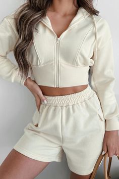 Rawlin Crop Zipper Hoodie (Ivory) · NanaMacs Beige Long Sleeve Hoodie With Drawstring, Cream Hooded Hoodie For Spring, Sporty Streetwear, Flying Monkey Jeans, Open When, Stylish Sweaters, Easy Trendy Outfits, Lounge Shorts, Jeans Size Chart