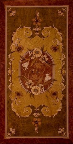 an intricately designed area rug with flowers and leaves on the center in gold, brown, and red colors