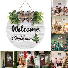 a group of people standing around a christmas sign with the words welcome christmas on it