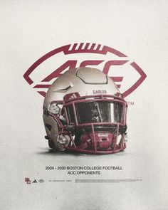 an advertisement for the boston college football team, featuring a helmet on it's side