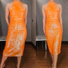 Questions? Leave A Comment Below! Elegant Orange Sequin Dress, Orange Cocktail Dress For Party Season, Orange Knee-length Dress For Night Out, Women Long Gown, Miranda Dress, Resort Maxi Dress, Orange Midi Dress, Rose Maxi Dress, Sequin Halter