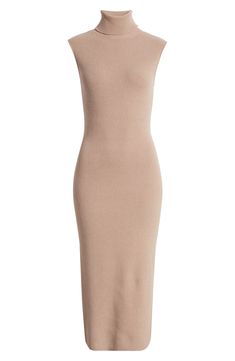 A ribbed-to-fit sweater dress is served in a sleeveless silhouette for a classic look that's ready for desk days and drinks dates. 46" length (size Medium) Turtleneck Sleeveless Unlined 50% viscose, 28% polyester, 22% nylon Hand wash, dry flat Imported Sleeveless Ribbed Bodycon Fall Dress, Sleeveless Ribbed Bodycon Dress For Fall, Ribbed Sleeveless Bodycon Dress For Fall, Fitted Sleeveless Beige Sweater Dress, Elegant Fitted Sleeveless Sweater Dress, Chic Sleeveless Bodycon Sweater Dress, Elegant Sleeveless Ribbed Bodycon Dress, Classic Ribbed Midi Dress, Fitted Sleeveless Ribbed Sweater Dress