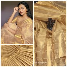 Buy Beautiful Kanchi Border Copper Tissue Silk Gold Saree With Unstitched Running Blouse Designer Sari Indian Bollywood Online in India - Etsy Gold Saree, Uppada Pattu Sarees, Golden Saree, Designer Sari, Bridal Sari, Tissue Silk Saree, Alaska Fashion, Blouse Designer