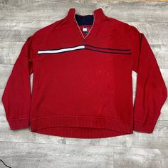 "Vintage Tommy Hilfiger Big Flag Logo Red Mock Turtleneck Knit Sweater! Measurements Length: 26\" Chest: 23\" * Men's Size: XL * Big Tommy Flag Tag This awesome Tommy Hilfiger 1/4 zip knit sweater is in good vintage condition No signs of any rips or holes  Perfect for that 90's vibe!  *Please see all photos as they accurately display the quality of the items*" Casual Red Polo Sweater For Winter, Flag Tag, Pullover Sweater Men, Flag Logo, Vintage Tommy Hilfiger, Mock Turtleneck, Pullover Men, 1/4 Zip, Pullover Sweaters