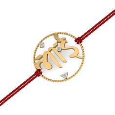 A rakhi (bracelet made of thread, having a solid gold pendant in the center to which the thread is tied) that is made of 18K gold with diamonds. This gold rakhi is aesthetically designed in natural handwritten Hindi letters reading BHAI. It is further framed inside a rope-like circular frame that holds the letters together. It is beautifully studded with diamonds that elevate the look of the design. It's not just a rakhi but a perfect rakhi gift for your bro. This rakhi can also be used as a men Traditional 14k Gold Bracelet As Gift, Traditional Yellow Gold Bracelets For Celebration, Traditional Gold Bracelet With Sliding Knot, Adjustable Yellow Gold Jewelry For Puja, Traditional Jewelry With Sliding Knot For Gifts, Traditional Sliding Knot Jewelry As Gift, 22k Gold Bracelets For Diwali Gift, 22k Gold Bracelets As A Gift, Traditional Yellow Gold Bracelet As Gift