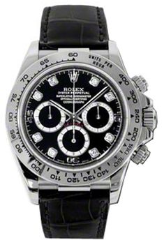 116519 ROLEX DAYTONA COSMOGRAPH MEN'S LUXURY WATCH - With Manufacturer Serial Numbers - Swiss Made - Black Dial set with Diamonds - Chronograph Feature - Self-winding Automatic Chronometer Movement - 6 Year Warranty - Guaranteed Authentic - Certificate of Authenticity - Polished with Brushed 18k White Gold Case - Black Leather Strap with Pattern - Scratch Resistant Sapphire Crystal - Manufacturer Box & Manual - 100 Meters / 330 Feet Waterproof - 40mm = 1 1/2" Case, 7" Adjustable Strap - Solid 18k White Gold Deployment Buckle - Screw Down Crown & Caseback     Also Known As Model # 116519 BLKD Rolex Daytona Black, Rolex Daytona White, Rolex Milgauss, Rolex Cosmograph Daytona, Rolex Women, Cosmograph Daytona, Rolex Watches For Men, Mens Chronograph, Chronograph Watch Men