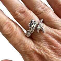 Antique Silver Tone Mermaid Wrap Ring. Unusual Look! Perfect For The Mermaid Fan! Can Be Adjusted For Sizing. Nwot! Silver Mermaid, Wrap Ring, Funky Jewelry, Ring Color, Wrap Rings, Womens Jewelry Rings, Antique Silver, Silver Tone, Mermaid