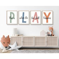 three children's wall art prints with the words play, they are not in the same