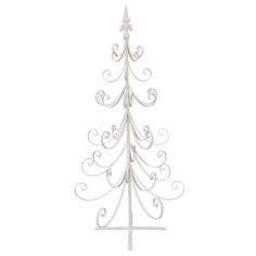 a white metal christmas tree on a stand