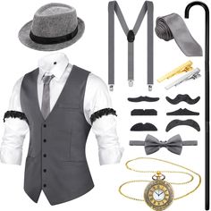 PRICES MAY VARY. Comprehensive 1920s Accessories for Men: there are 1 vest, 1 hat, 1 vintage pocket watch, 1 Y suspender, 1 pre tied bow tie, 2 armbands, 1 men tie, 2 tie clips, 6 false mustaches, 1 cane, various and sufficient accessories to meet your needs for daily Classic and Retro Style: the costume accessories for men are designed with classic and retro style, which are full of retro flavor and bring you back to the 1920s, as well as make you look gentle, elegant, and eye catching in a cro 1920 Outfit Men, 1920s Themed Party Outfit, 1920s Male Fashion, 20s Theme Party Outfit, 1920s Mens Clothing, 1920s Mens Hats, 1920s Mens Costume, Derby Dresses, Estilo Charleston