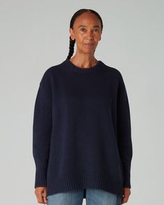 Our signature OVERSIZE is a chunky sumptuous knit made in the British Isles from 100% certified wool spun in Scotland. A luxurious and cocooning shape that's easy, modern and effortless all at the same time. The jumper that you never want to take off. Join the Patch Club - add a leather elbow patch. Learn more. Phoebe Philo, Waiting List, Locally Grown, Look After Yourself, British Isles, Knitting Accessories, Back In Stock, Cotton Bag, Jumpers And Cardigans