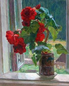 a painting of red roses in a vase on a window sill