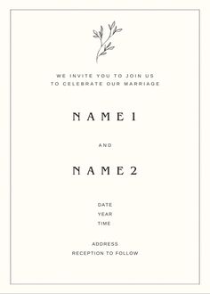 a wedding card with the words, name and date in black ink on white paper