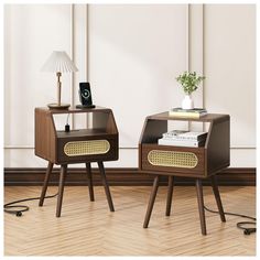 two wooden side tables sitting on top of a hard wood floor next to each other