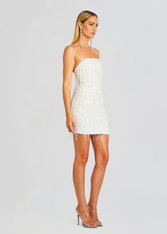 White Short Dress Sequin, White Fringe Dress Short, White Sequined Mini Dress, White Fringe Cocktail Dress, Short Wedding Dress With Fringe, White Formal Dress Short Sequin, Wedding Reception Dress For Bride Fringe, Fringe Short White Dress, White Embellished Strapless Dress