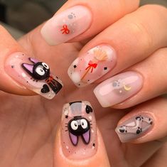 Fall Korean Nails, Korean Halloween Nails, Kiki's Delivery Service Nails, Anime Nails Designs, Studio Ghibli Nails, Black Cat Nail, Ghibli Nails, Cat Nail, Makeup Nails Designs