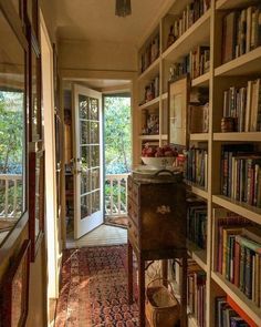 a room filled with lots of books on shelves next to a door and window sill