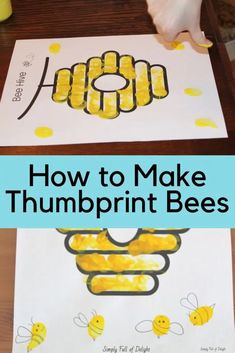 two pictures with the words how to make thumpprint bees