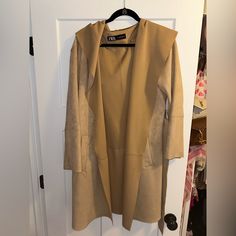 Never Worn. Suede. Perfect Condition. Belt To Tie To Close It Spring Camel Outerwear With Pockets, Chic Camel Outerwear With Pockets, Zara Brown Long Coat, Beige Open Front Outerwear For Work, Beige Fitted Open Front Outerwear, Zara Neutral Outerwear For Fall, Hooded Neutral Outerwear For Fall, Neutral Hooded Outerwear For Fall, Chic Brown Open Front Outerwear