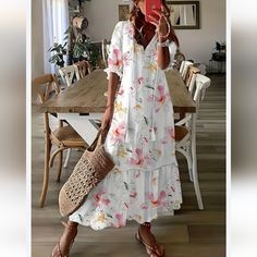 Great For Summer M White V-neck Midi Dress For Vacation, White A-line Midi Dress For Garden Party, White V-neck Maxi Dress For Spring, White Flowy A-line Midi Dress, Flowy White Maxi Dress For Brunch, White A-line Maxi Dress For Day Out, Casual White V-neck Midi Dress, White Flowy V-neck Midi Dress, Casual White A-line Maxi Dress