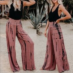 Tie Dye Palazzo Pants Wide Leg, Relaxed Fit, Smocked Waist, Flowy Pant Legs, Gauzy Fabrication, No Closures, Not Lined. 100% Rayon. Deep Mauve And Black. (Each Item Is Hand-Dyed For It Unique Character) Should Accept Variation In Color And Finishing) Approximate Measurements. Size S : Length Measures 42”, With A 12.5” Rise, 31” Inseam. Size M : Length Measures 42.5”, With A 12.5” Rise, 31” Inseam. Size L : Length Measures 42.5” With A 12.5” Rise, 31” Inseam. Size Tag Is S Fits ( 2-4), M Fits (6- White Painters Pants, Boho Bell Bottoms, Tie Dye Pants, Boho Tie Dye, Black Faux Leather Leggings, Wide Leg Dress Pants, Blue Trousers, Printed Wide Leg Pants, Flowy Pants