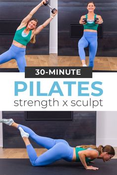 a woman in blue pants and green top doing pilates with the words 30 - minute