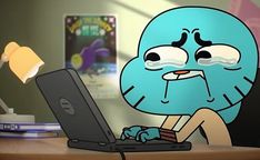 a cartoon character sitting in front of a laptop computer