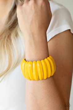 Painted in a sunny yellow finish, beveled wooden frames are threaded along stretchy bands around the wrist for a summery look. Sold as one individual bracelet. P9SE-YWXX-122XX Paparazzi Consultant, Yellow Bracelet, Yellow Jewelry, Wooden Bracelet, Wood Bracelet, Sunny Yellow, Jewelry Images, Paparazzi Accessories, Stretchy Bracelets