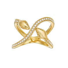 This striking 18k gold over silver diamond two-headed snake ring is the perfect way to make a stunning and fresh fashion statement.  Width: 12 mm Metal: sterling silver Plating: 18k gold Finish: polished Packaging: boxedDIAMOND DETAILS Total weight: 1/4 ct. Shape: round Setting: prong Diamond weights are approximate. Diamond total weights may vary between .01 and .08 ct. Some diamonds have fewer than 17 facets. Gemstones may have been treated to enhance their appearance. Special care may be requ Luxury Snake Ring With Diamond Accents, Elegant Snake-shaped Jewelry With Diamond Accents, Luxury Diamond Snake Jewelry, Luxury Diamond Snake Ring With Single Cut Diamonds, Luxury Diamond Snake Ring With Pave Setting, Luxury Snake-shaped Diamond Ring, Luxury Yellow Gold Snake Ring With Single Cut Diamonds, Luxury Snake-shaped Jewelry With Diamond Accents, Formal Diamond Snake-shaped Ring