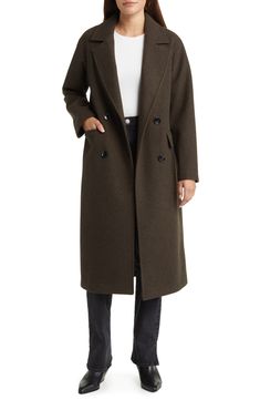 Opt for an effortlessly sleek look with this double-breasted coat that insulates with a longline silhouette. Notched lapels Lined 100% polyester Dry clean Imported Long Womens Coat Winter, Parisian Winter Style, Wool Coat Outfit, Long Wool Coat Women, Double Breasted Coat Women, Brown Wool Coat, Winter Coat Dress, Womens Dress Coats, Nyc Outfits