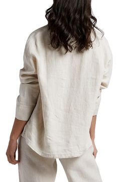 Activate 'Relax Mode' in this couch-beckoning lounge top made from garment-washed linen for a soft lived-in-feel from the first wear. While the intent is bedtime, the button-up styling makes it totally acceptable to keep on while you run some morning errands. 25" length (size Medium) Front button closure Spread collar Long sleeves Dropped shoulders Chest patch pocket Side vents 100% linen Machine wash, tumble dry Made in Portugal Pop-In@Nordstrom OEKO-TEX®–certified materials free of harmful sub Beige Flax Long Sleeve Top, Everyday Long Sleeve Linen Tops, Beige Long Sleeve Flax Top, Casual Neutral Linen Tops, Flax Cotton Relaxed Fit Blouse, Relaxed Fit Cotton Blouse In Beige, Long Sleeve Beige Linen Top, Beige Linen Long Sleeve Top, Flax Cotton Blouse With Relaxed Fit