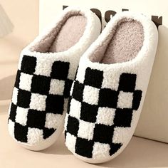 Sherpa Clog Style Slip On Indoor Outdoor Slippers Non Slip Flexible Sole Cushioned Foot Bed Checker Board White Black Beige Womens Size 10.5-11.5 Fun Gift Casual Everyday House Shoes Happy Winter Fall Spring Summer Christmas Holiday Birthday Unisex Vans Square Chess Casual Winter Slippers, Casual Black Indoor Slippers, Black Casual Slippers For Indoor Use, Bed Slippers, Clog Style, Indoor Outdoor Slippers, Checker Board, Summer Christmas, Clogs Style