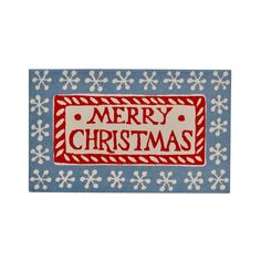 a blue and white christmas door mat with red lettering