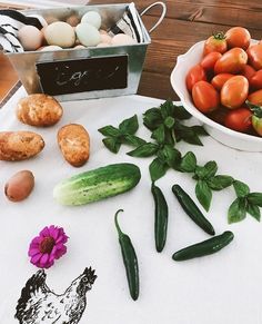 various vegetables are arranged on a table with an egg in the bowl and other food items